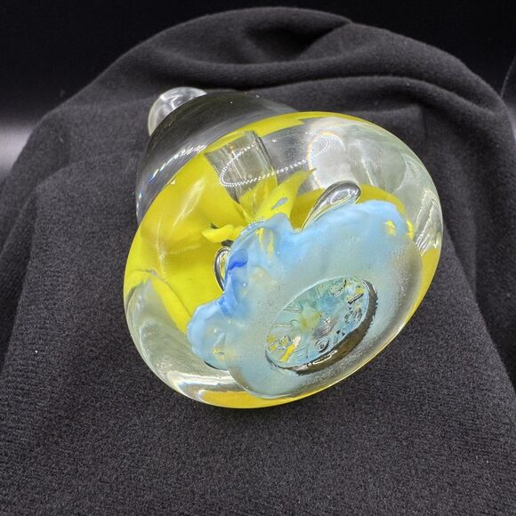 Joe St. Claire Glass Paperweight Bell Yellow and Light Blue Flowers - Picture 5 of 10